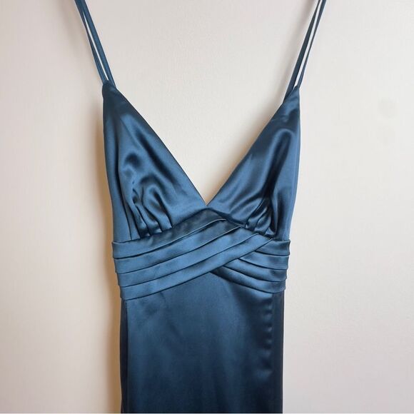 NWT LULUS Divine Entrance Teal Blue Satin Pleated Backless Maxi Dress - Picture 2 of 10